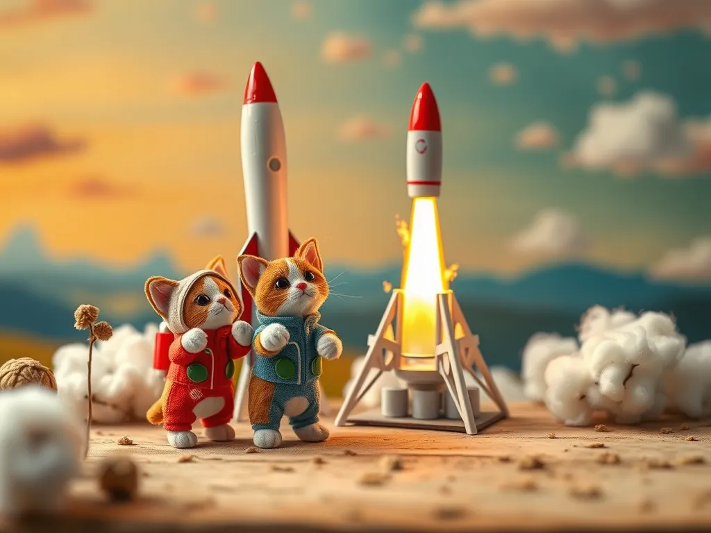 Cat astronauts beside a miniature rocket launch