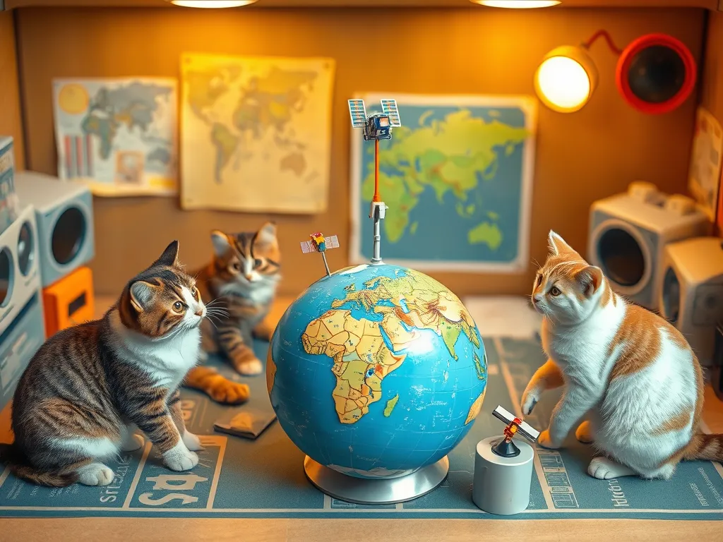Cats studying globe and satellite diorama