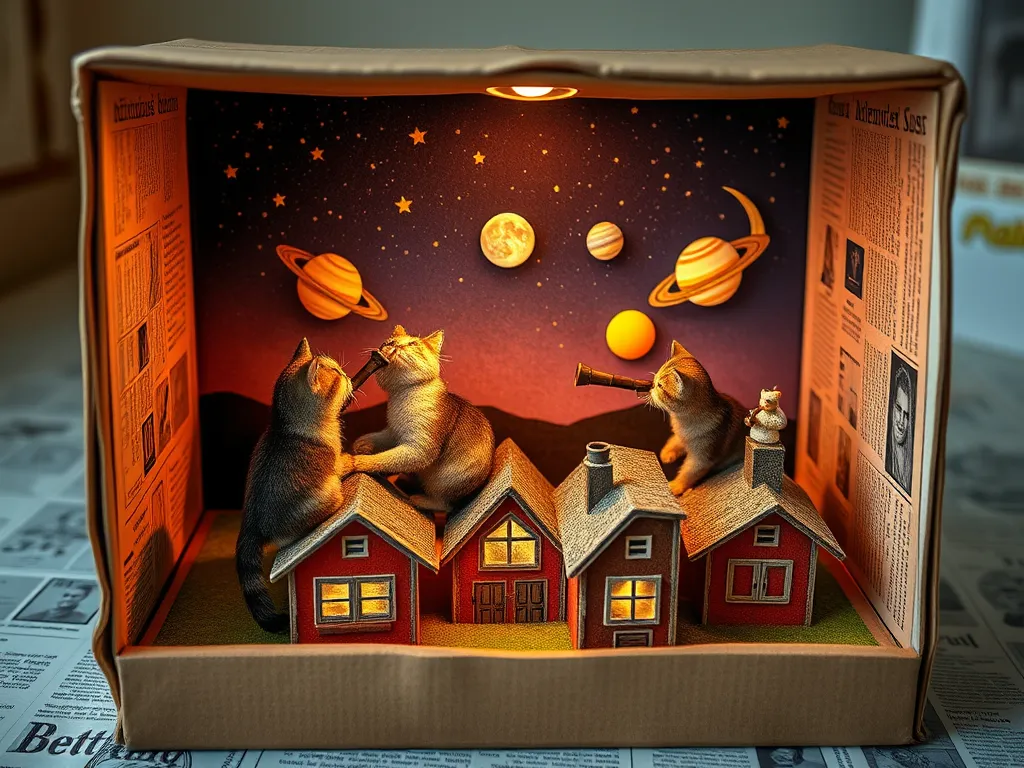 Cats watching a miniature planetary parade diorama